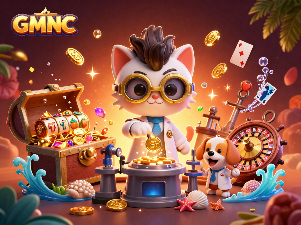 Experience GMNC’s thrilling casino atmosphere with 3D mad scientist cat and dog amid vibrant slot reels.