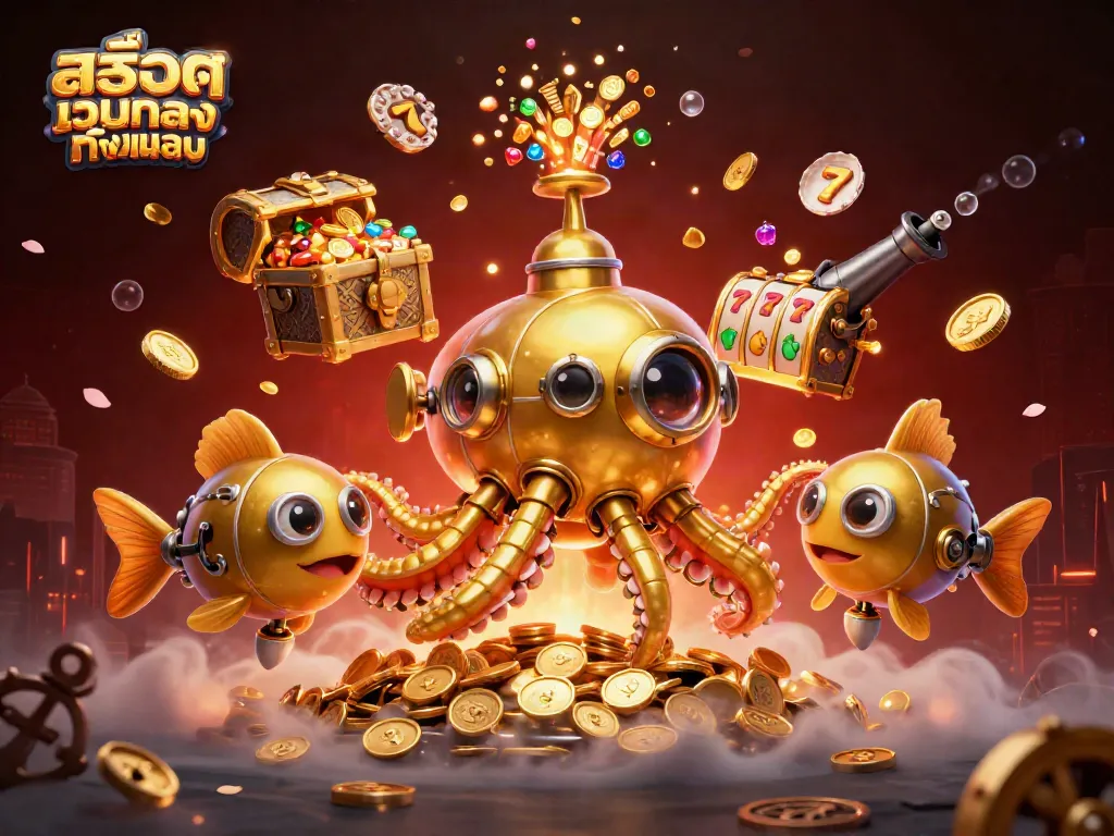 Engage with สล็อตเว็บตรงทั้งหมด as the golden kraken submarine bursts through coins, showcasing vibrant slot elements.