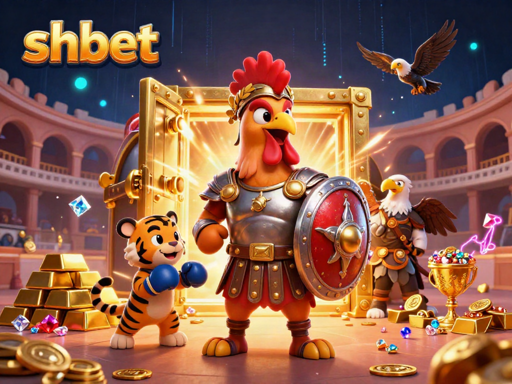 Experience thrilling action with shbet, featuring a gladiator rooster and tiger cub amidst a vibrant, treasure-filled scene.