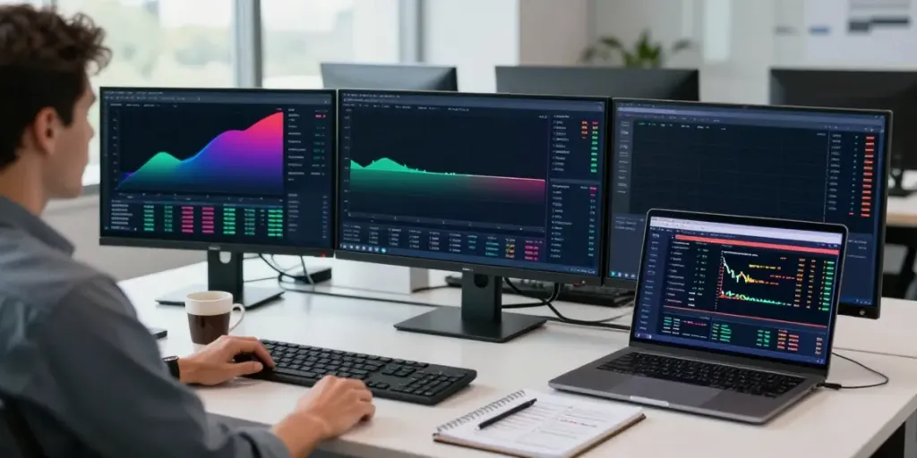 Trader using MetaTrader 5 on multiple monitors in a modern office