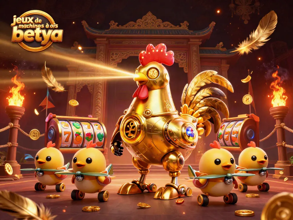 Engage in jeux de machines à sous betya with golden rooster and baby chick drones in a lively casino scene.
