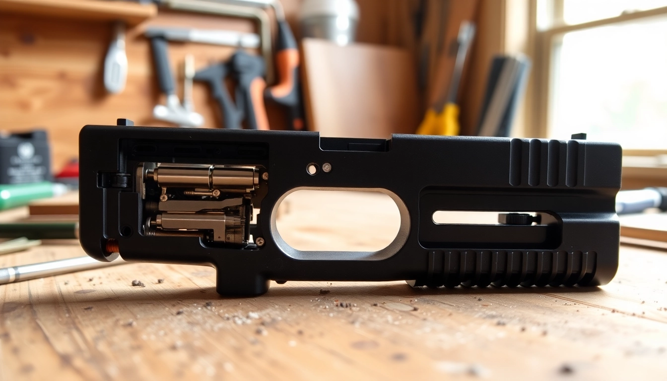 Showcasing a glock slide on a workbench with tools for firearm customization.