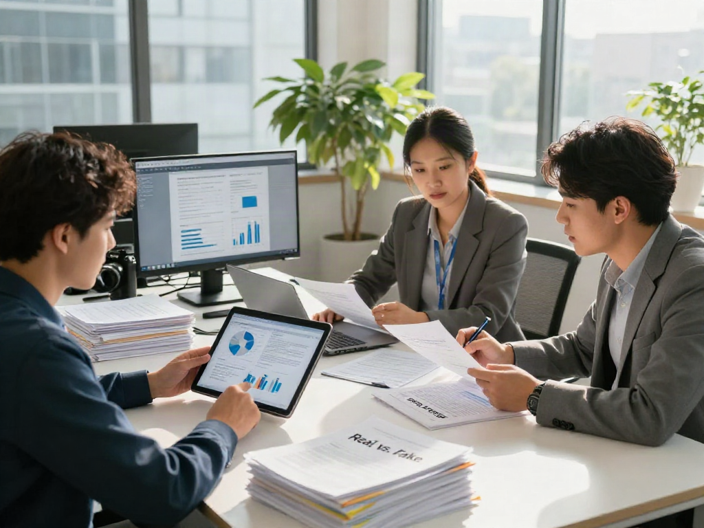 Engaged team discussing document fraud detection solutions in a modern office.