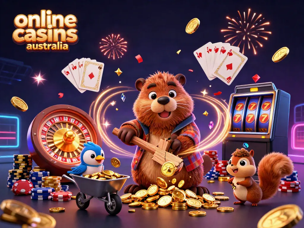 Engage with online casinos Australia through a colorful and dynamic casino scene filled with characters and gold coins.