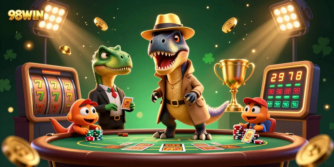 Experience excitement at 98WIN with a dynamic scene depicting a velociraptor skillfully counting cards.