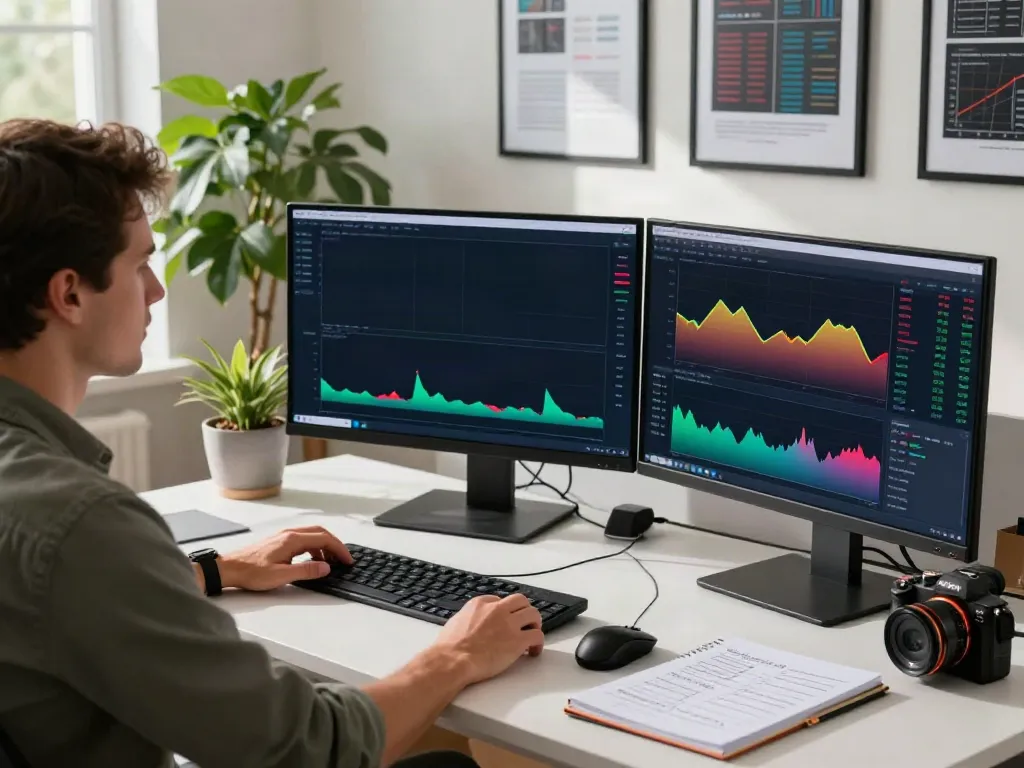 Trader utilizing TradingView charts at a modern workstation for effective market analysis.