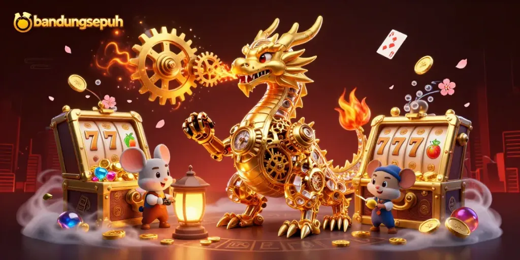 Experience dynamic gaming at bandungsepuh with a golden dragon breathing gears and treasure in a vibrant casino scene.