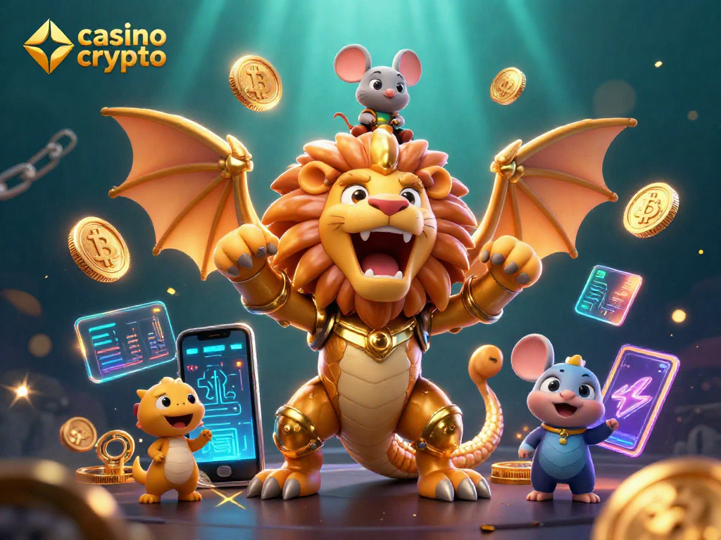Jouez au casino crypto avec une créature chimère en armure dorée, des pièces de Bitcoin et des éléments blockchain flottants.