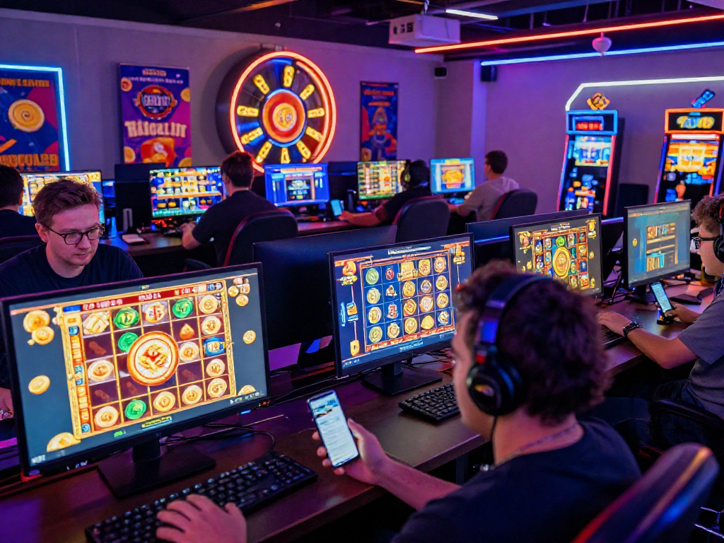 Pengalaman bermain slot88 yang seru di lounge game online, dengan pemain menikmati berbagai permainan slot di komputer dan perangkat mobile.