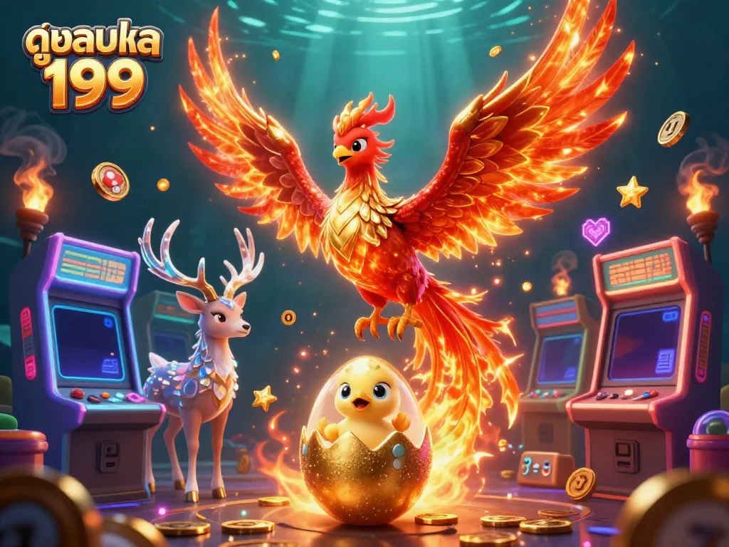 Experience dynamic betting on ดูบอลสด 199 with 3D phoenixes and colorful gaming elements.