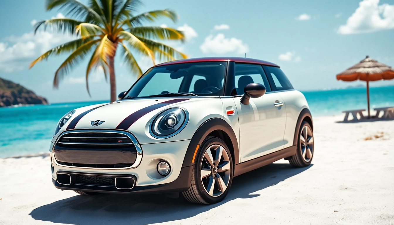 Experience a Mini Cooper rental St Barts with a stylish car parked on a sunny beach.
