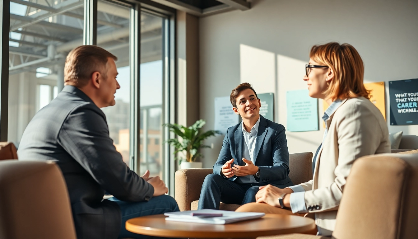 Emphasizing Career Coaching with a professional coaching session in a modern office.