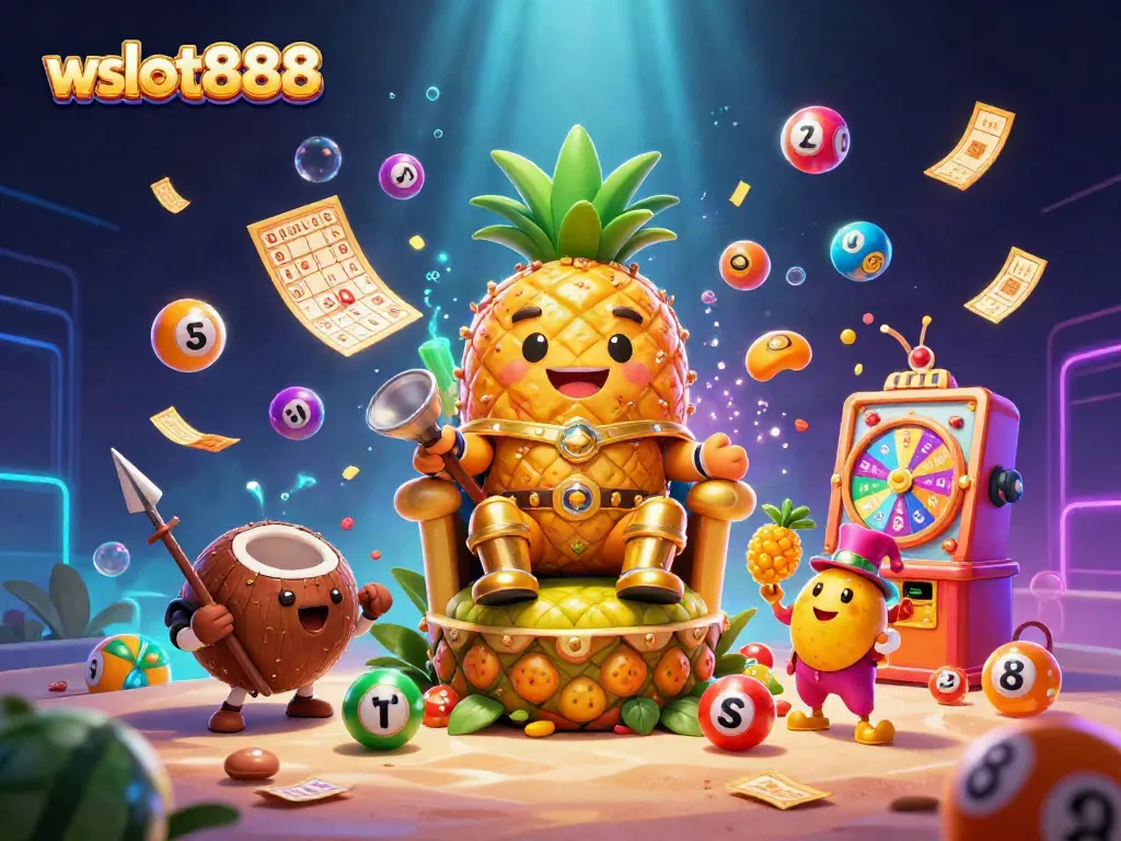 Mengambil jackpot dari mesin slot wslot888 dengan ilustrasi kasino penuh warna dan karakter unik.