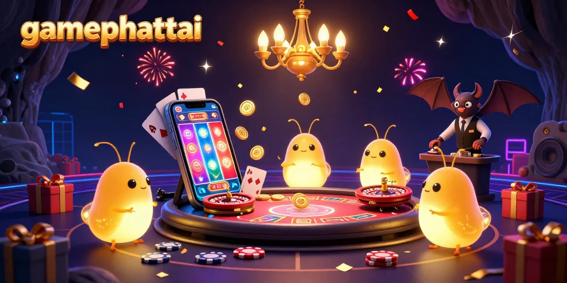 Join the adventure of gamephattai in a vibrant casino scene illuminated by glowworms and filled with exciting gambling elements.