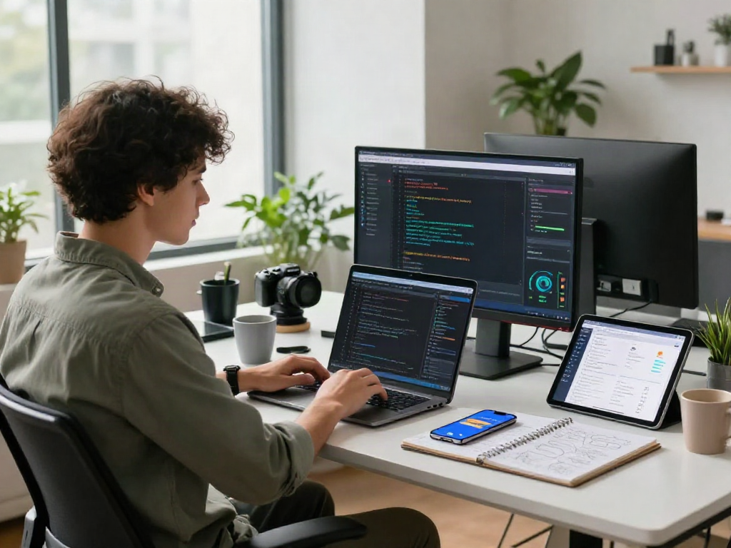 Innovative tech workspace with coding setup focused on crushon app development, featuring laptop, tablet, and dynamic office environment.
