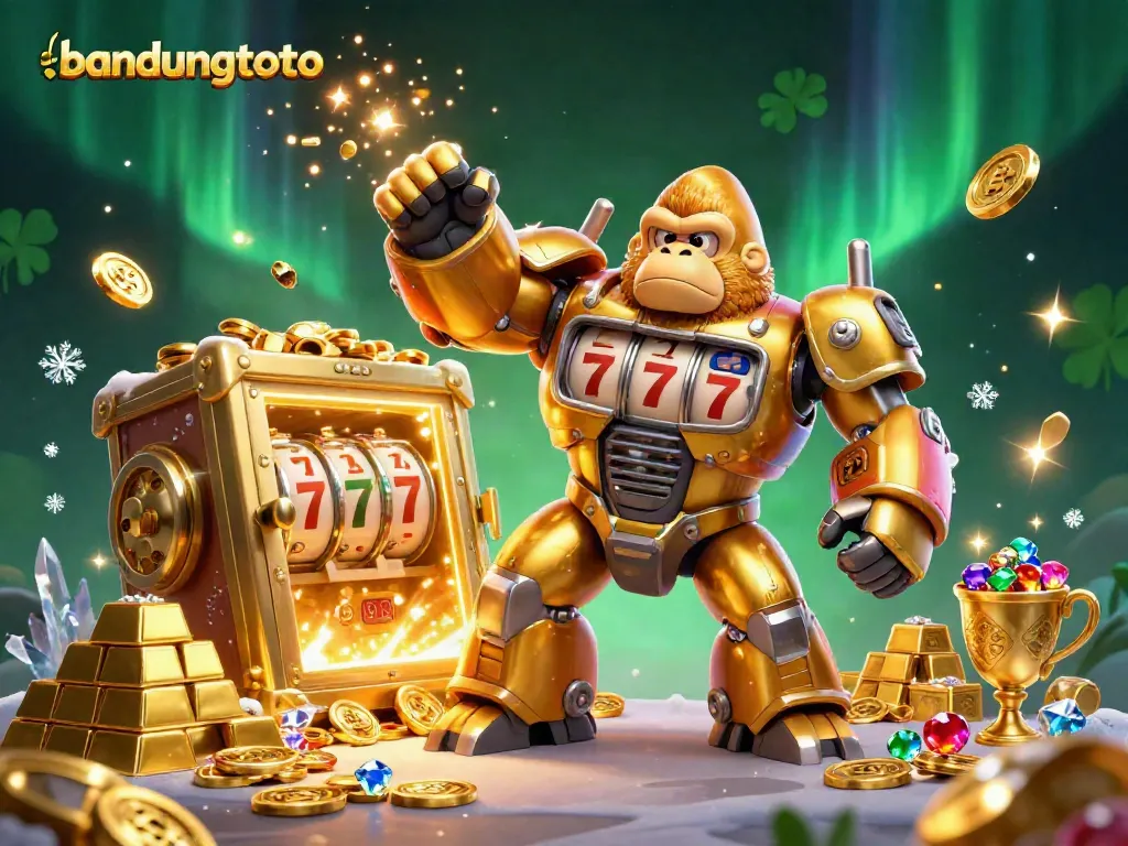 Experience exciting gameplay with bandungtoto featuring a stunning golden gorilla mech and treasures from online casinos.