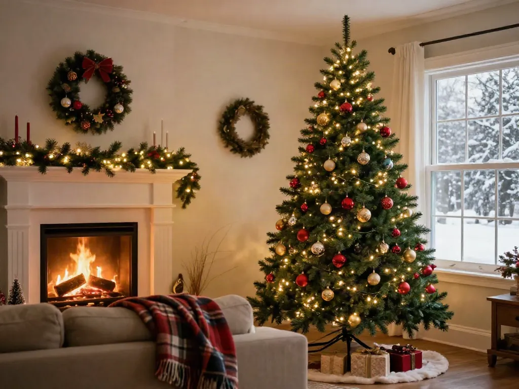 Beautifully decorated skinny Christmas tree in a cozy living room with festive holiday decor.