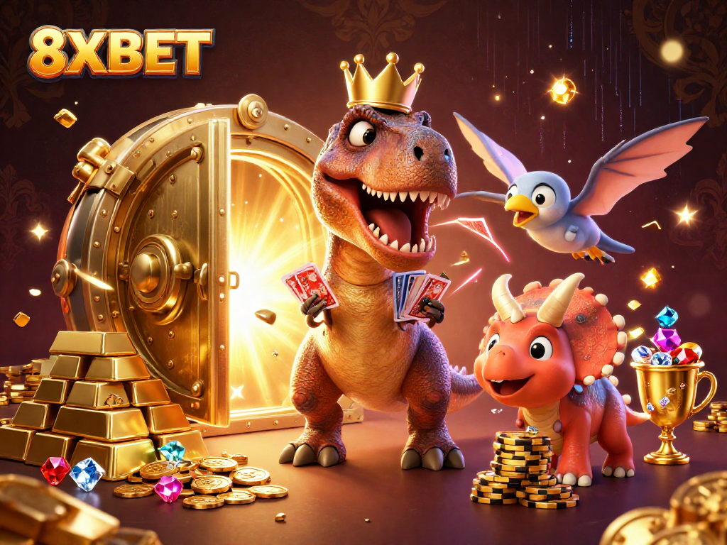 8XBET features a friendly T-Rex and friends engaging in a lively online casino setup.