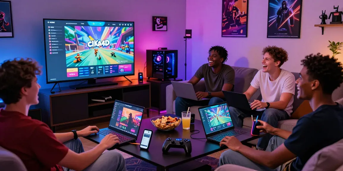 Friends enjoying gaming with CIKA4D app in a lively atmosphere.