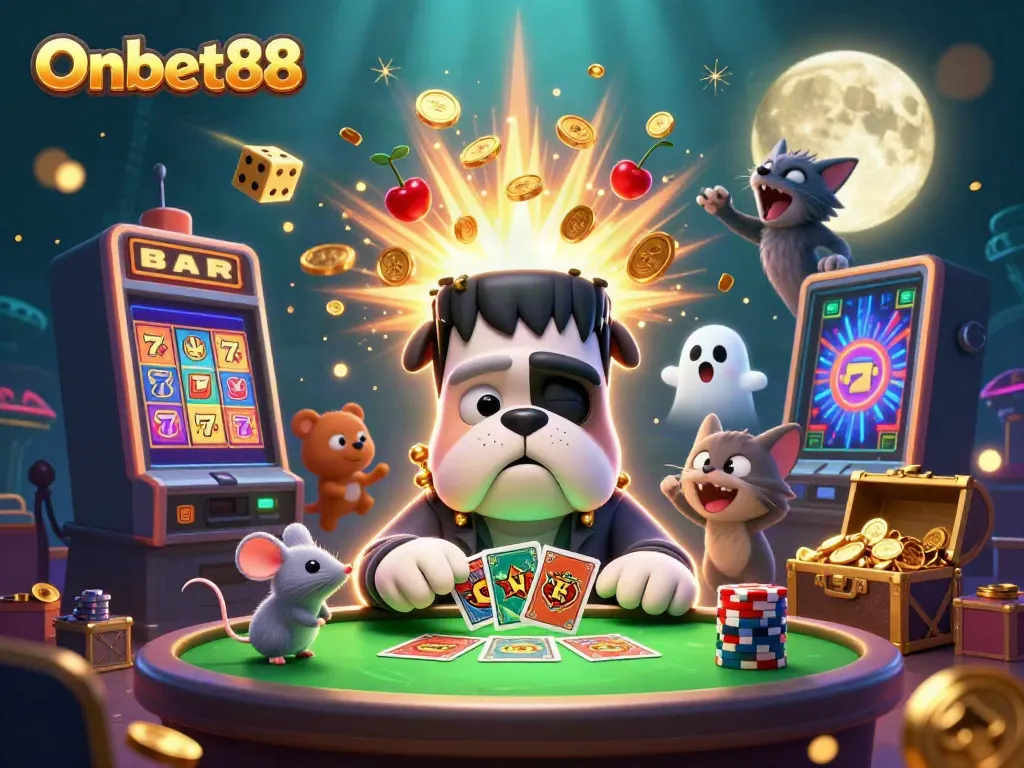 Experience the thrilling atmosphere of Onbet88 with a dynamic 3D casino scene featuring a Frankenstein bulldog dealer and rich game elements.